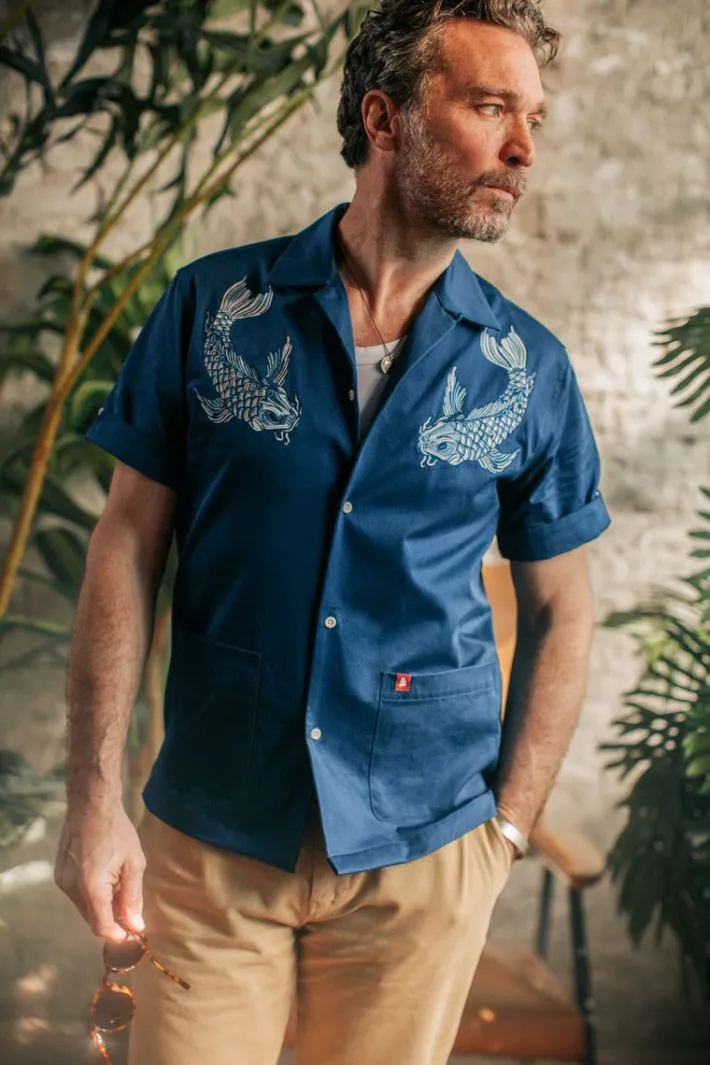 &SONS Tops-Club Shirt Koi Carp Embroidered Blue