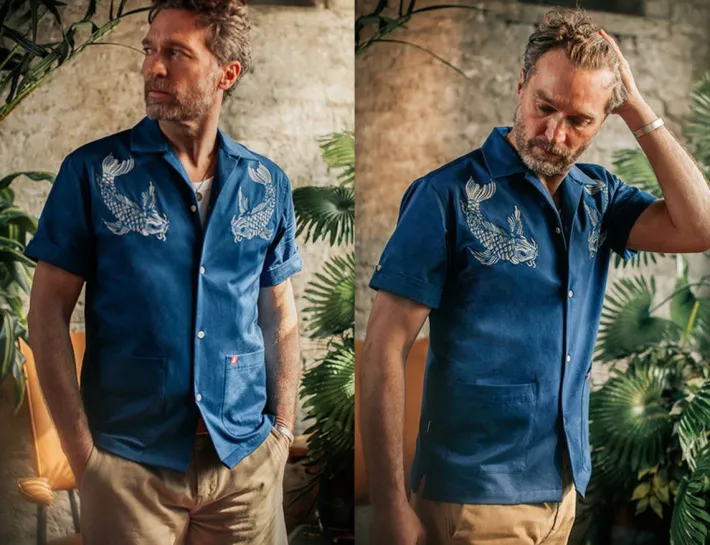 &SONS Tops-Club Shirt Koi Carp Embroidered Blue