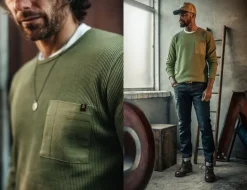 &SONS Tops-Glen Pocket Waffle Crew Surplus Green