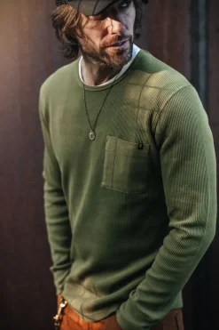 &SONS Tops-Glen Pocket Waffle Crew Surplus Green