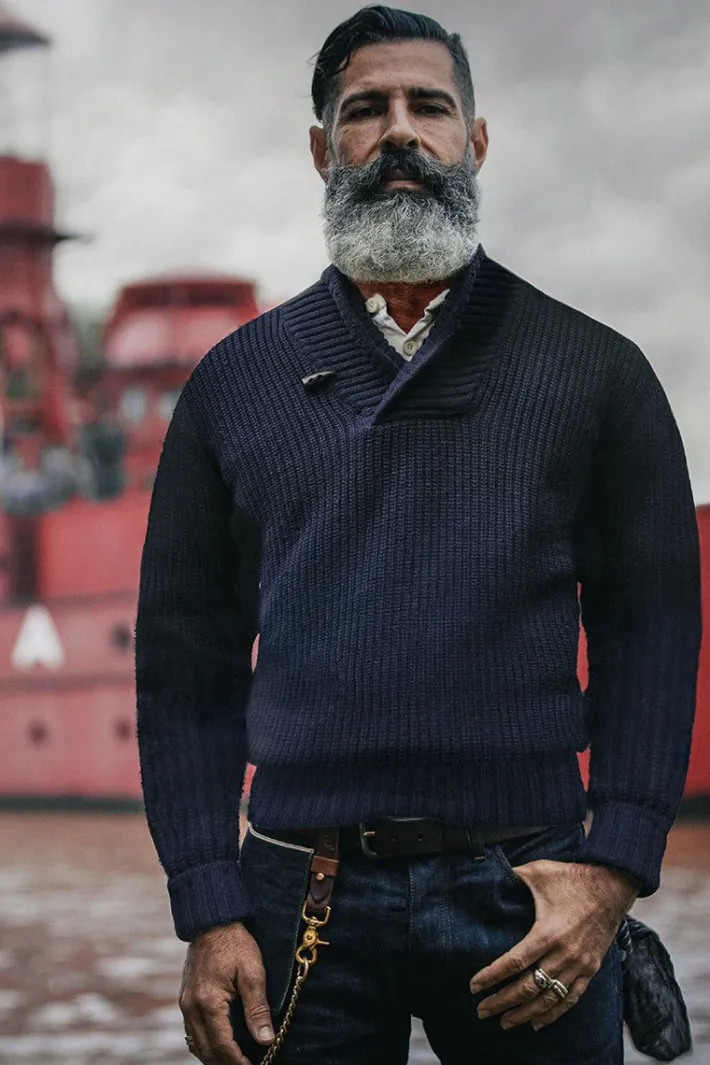 &SONS Jackets & Coats-Port Shawl Collar Jumper Navy