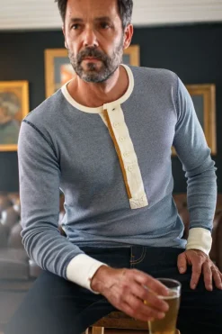 &SONS Tops-Wilder Henley Ticking Blue