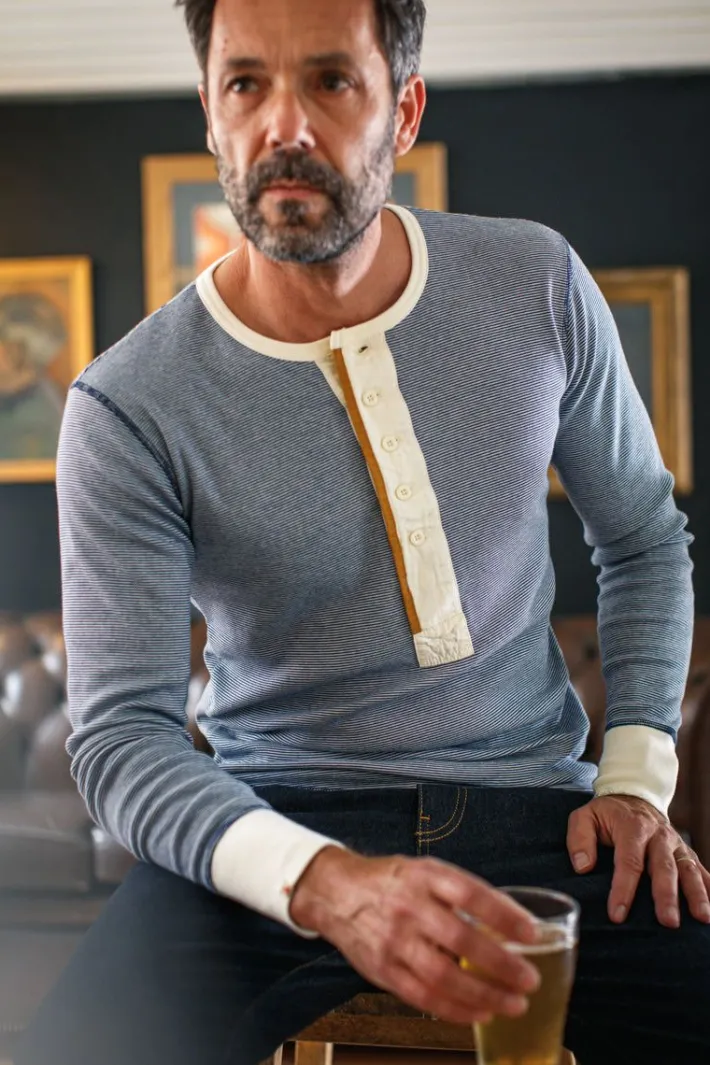 &SONS Tops-Wilder Henley Ticking Blue