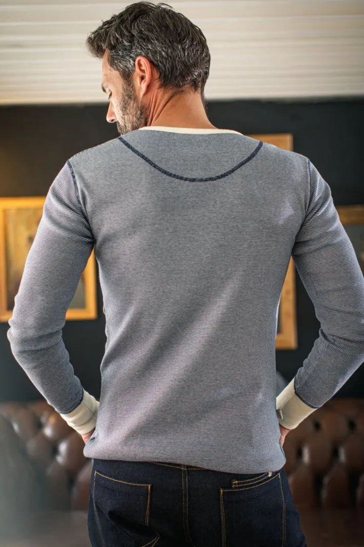 &SONS Tops-Wilder Henley Ticking Blue